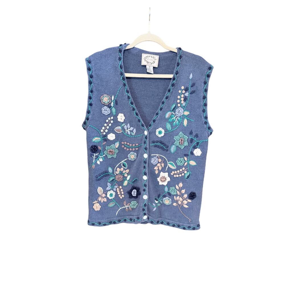 Vintage Erika blue cotton ramie blend button front sweater vest large embroider